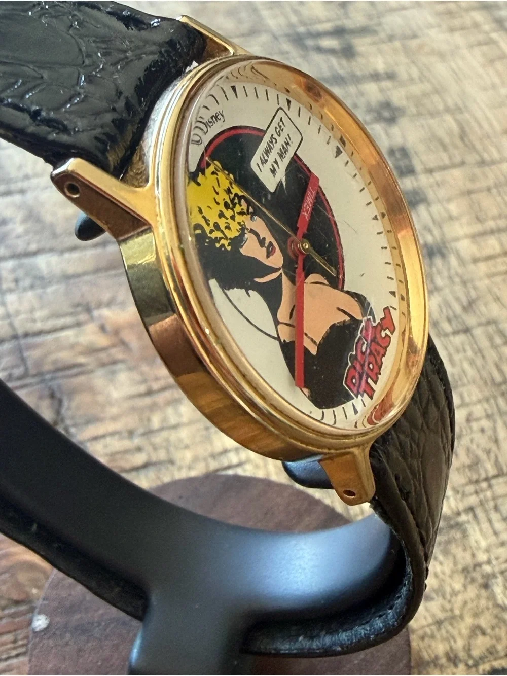Vintage Timex Dick Tracy Comic Dial Watch with Black Strap and Gold Case 32.5mm